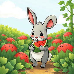 Beside a watermelon field, a cute little gray rabbit stands holding a small watermelon with a look of frustration