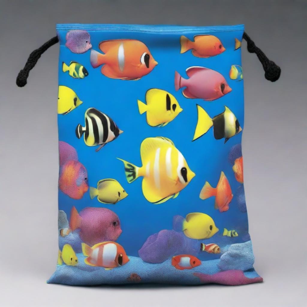 A high-definition illustration of a custom-designed, pouch-style plastic bag, capable of holding 5lbs of silica sand for saltwater aquariums