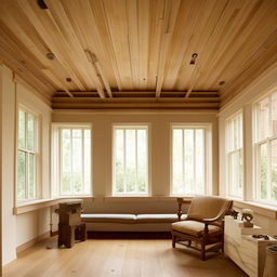 An inviting sitting lounge in an art museum, complete with a broad bay window allowing natural light to pour in, and a traditional wooden ceiling adding warmth and charm.