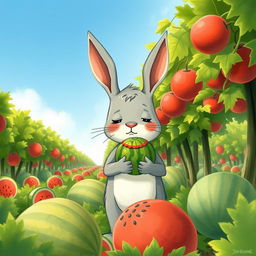 In a watermelon field, a cute little gray rabbit stands holding a small watermelon with a look of disappointment
