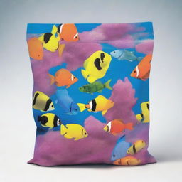 A high-definition illustration of a custom-designed, pouch-style plastic bag, capable of holding 5lbs of silica sand for saltwater aquariums