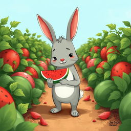 In a watermelon field, a cute little gray rabbit stands holding a small watermelon with a look of disappointment