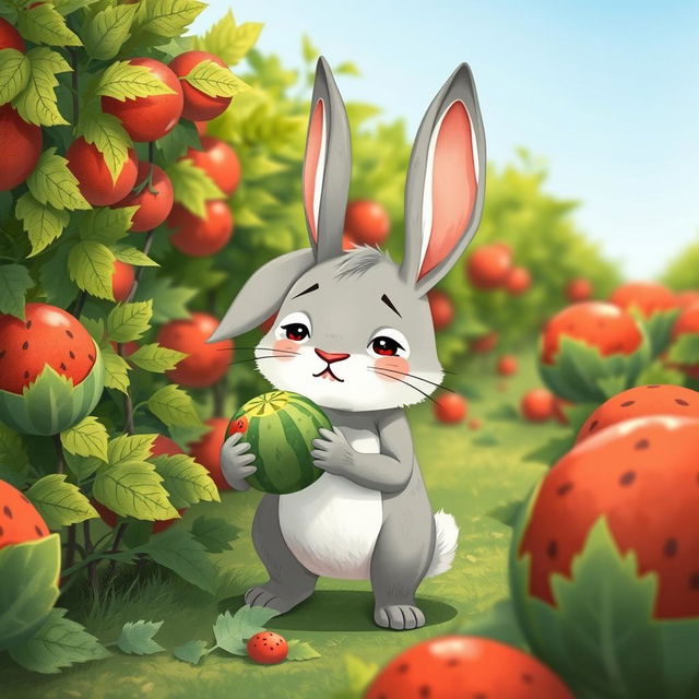 In a watermelon field, a cute little gray rabbit stands holding a small watermelon with a look of disappointment