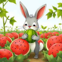 In a watermelon field, a cute little gray rabbit stands holding a small watermelon with a look of disappointment