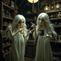 Two ghostly twin figures, translucent with a faint glow, are seen mischievously stealing items from a darkened vintage store