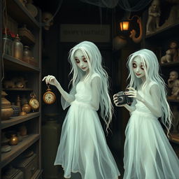 Two ghostly twin figures, translucent with a faint glow, are seen mischievously stealing items from a darkened vintage store