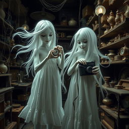 Two ghostly twin figures, translucent with a faint glow, are seen mischievously stealing items from a darkened vintage store