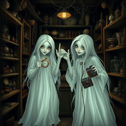 Two ghostly twin figures, translucent with a faint glow, are seen mischievously stealing items from a darkened vintage store