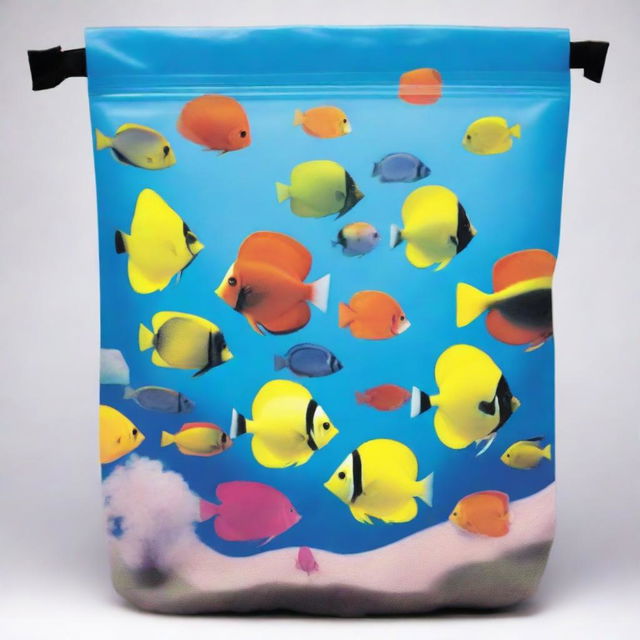 A high-definition illustration of a custom-designed, pouch-style plastic bag, capable of holding 5lbs of silica sand for saltwater aquariums