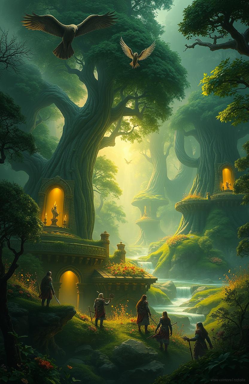 An epic, fantastical landscape illustrating the Rise of Ashenvale, featuring lush green forests with towering, ancient trees, vibrant flora, and sparkling streams