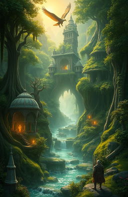 An epic, fantastical landscape illustrating the Rise of Ashenvale, featuring lush green forests with towering, ancient trees, vibrant flora, and sparkling streams