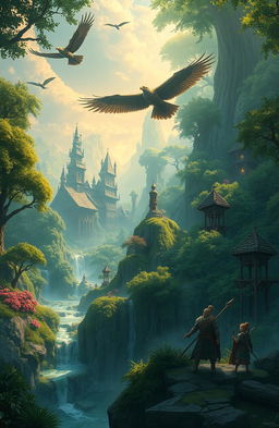 An epic, fantastical landscape illustrating the Rise of Ashenvale, featuring lush green forests with towering, ancient trees, vibrant flora, and sparkling streams