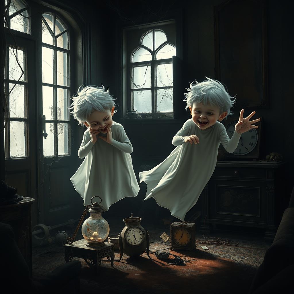 A chilling scene featuring two mischievous boy ghost twins, ethereal in appearance, with pale translucent skin and ghostly white hair, sneaking around in a dimly lit old house