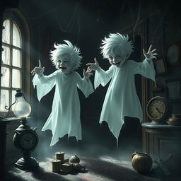 A chilling scene featuring two mischievous boy ghost twins, ethereal in appearance, with pale translucent skin and ghostly white hair, sneaking around in a dimly lit old house