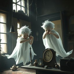 A chilling scene featuring two mischievous boy ghost twins, ethereal in appearance, with pale translucent skin and ghostly white hair, sneaking around in a dimly lit old house