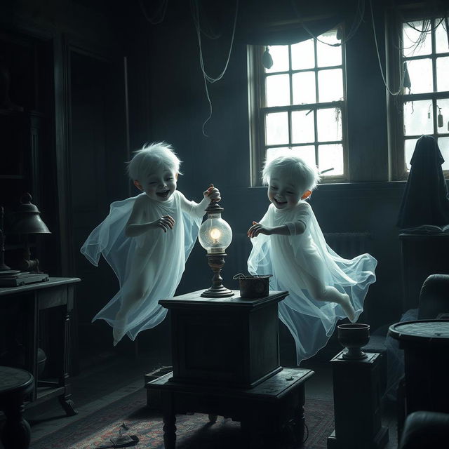 A chilling scene featuring two mischievous boy ghost twins, ethereal in appearance, with pale translucent skin and ghostly white hair, sneaking around in a dimly lit old house