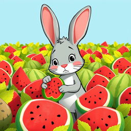 In a vibrant watermelon field, a cute little gray rabbit stands next to a patch of watermelons, holding a small watermelon with a look of disappointment on its face