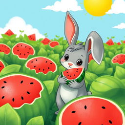 In a vibrant watermelon field, a cute little gray rabbit stands next to a patch of watermelons, holding a small watermelon with a look of disappointment on its face