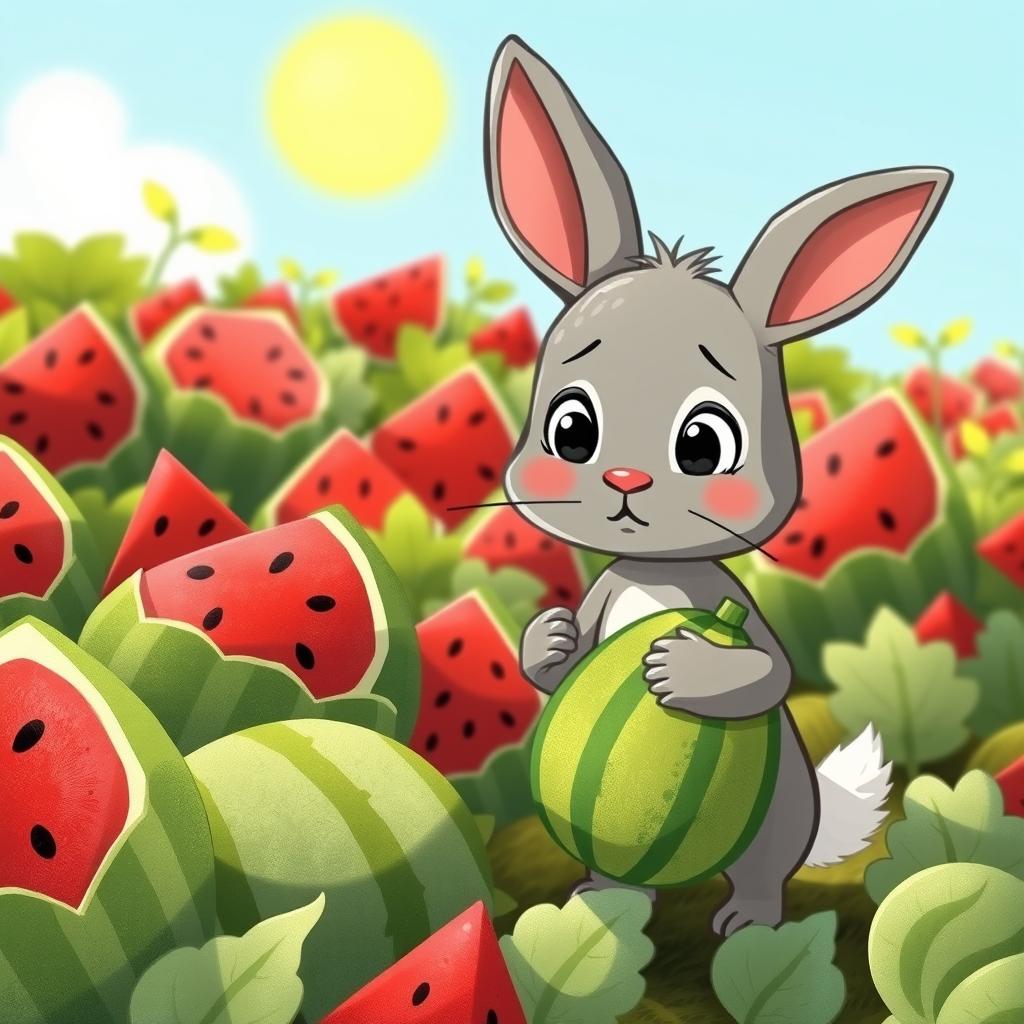 In a vibrant watermelon field, a cute little gray rabbit stands next to a patch of watermelons, holding a small watermelon with a look of disappointment on its face