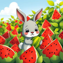 In a vibrant watermelon field, a cute little gray rabbit stands next to a patch of watermelons, holding a small watermelon with a look of disappointment on its face
