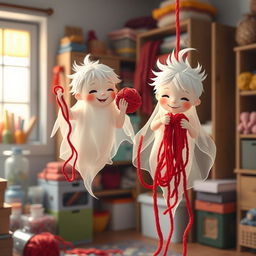 A playful scene depicting two boy ghost twins, ethereal and whimsical in nature, playfully stealing strands of bright red yarn