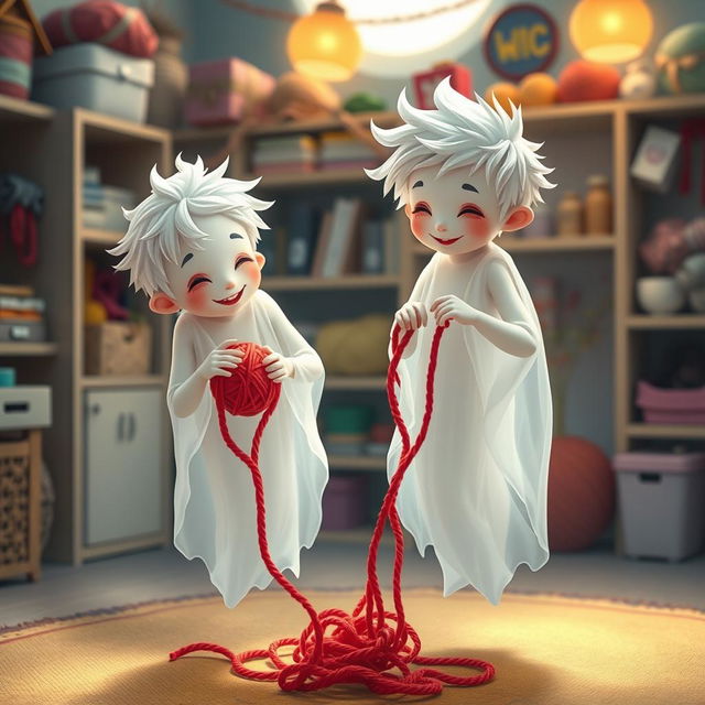 A playful scene depicting two boy ghost twins, ethereal and whimsical in nature, playfully stealing strands of bright red yarn