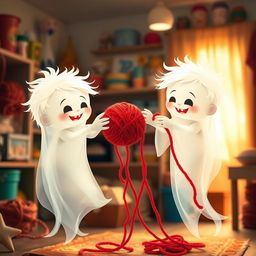 A playful scene depicting two boy ghost twins, ethereal and whimsical in nature, playfully stealing strands of bright red yarn