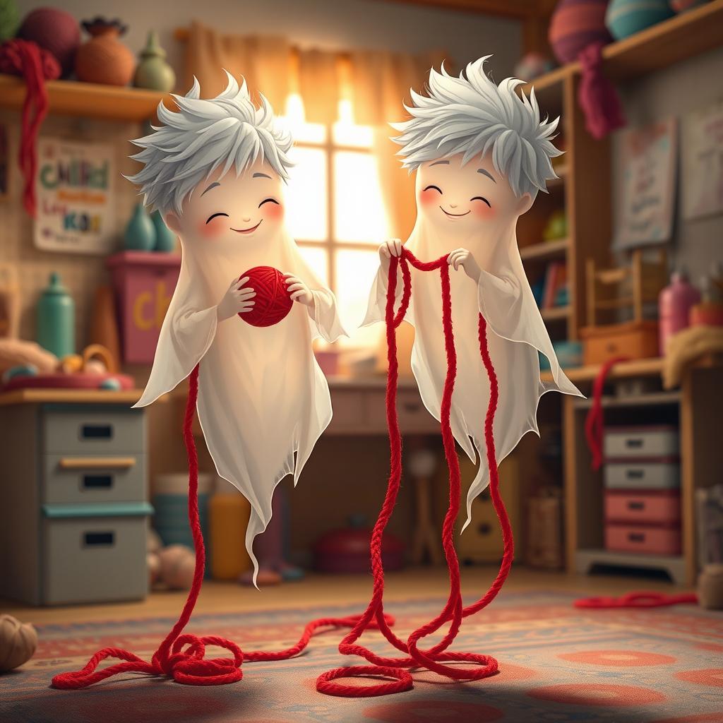 A playful scene depicting two boy ghost twins, ethereal and whimsical in nature, playfully stealing strands of bright red yarn