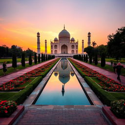 A majestic view of the Taj Mahal at sunset, showcasing its iconic white marble architecture with intricate carvings and inlaid gemstones