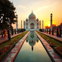 A majestic view of the Taj Mahal at sunset, showcasing its iconic white marble architecture with intricate carvings and inlaid gemstones