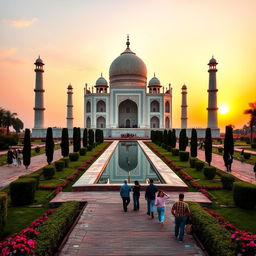 A majestic view of the Taj Mahal at sunset, showcasing its iconic white marble architecture with intricate carvings and inlaid gemstones