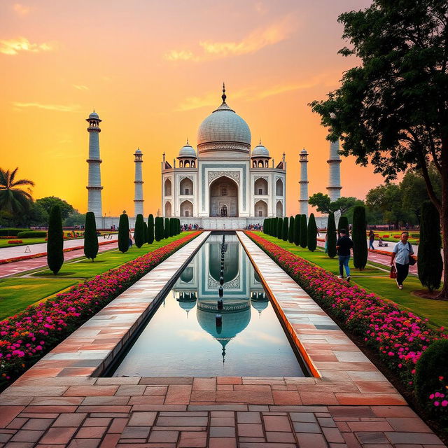 A majestic view of the Taj Mahal at sunset, showcasing its iconic white marble architecture with intricate carvings and inlaid gemstones