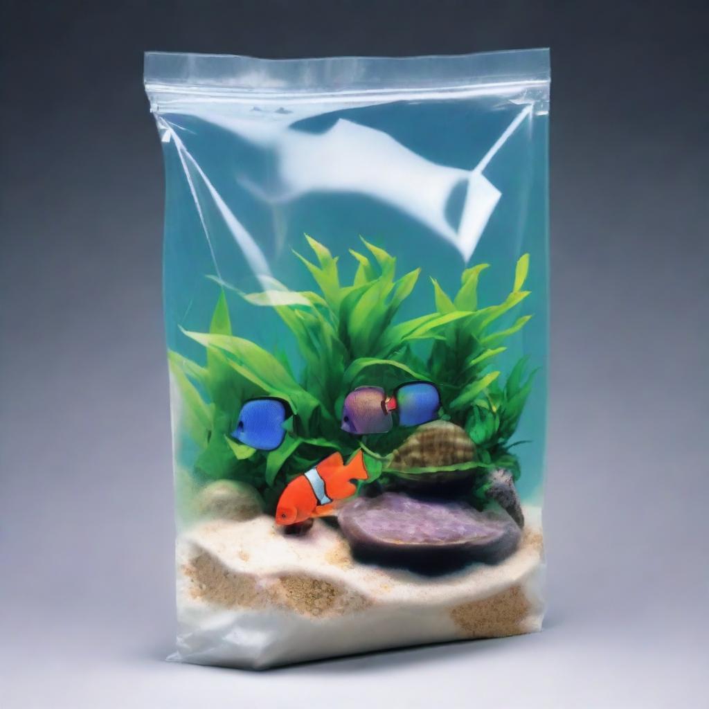 This is a high-definition illustration of a custom-designed plastic bag, specifically made to hold 5lbs of silica sand for retail in saltwater aquariums