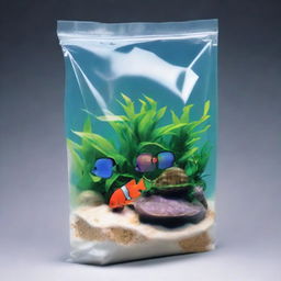 This is a high-definition illustration of a custom-designed plastic bag, specifically made to hold 5lbs of silica sand for retail in saltwater aquariums