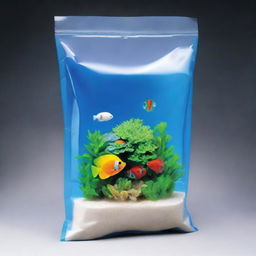 This is a high-definition illustration of a custom-designed plastic bag, specifically made to hold 5lbs of silica sand for retail in saltwater aquariums