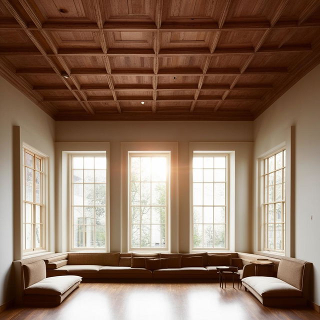 An inviting sitting lounge in an art museum, complete with a broad bay window allowing natural light to pour in, and a traditional wooden ceiling adding warmth and charm.