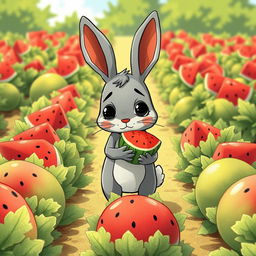 In a sunny watermelon patch, a cute little gray rabbit stands dejectedly holding a small watermelon