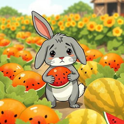 In a sunny watermelon patch, a cute little gray rabbit stands dejectedly holding a small watermelon
