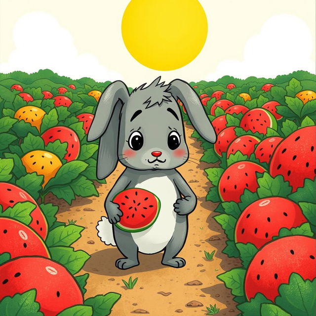 In a sunny watermelon patch, a cute little gray rabbit stands dejectedly holding a small watermelon