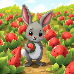 In a sunny watermelon patch, a cute little gray rabbit stands dejectedly holding a small watermelon
