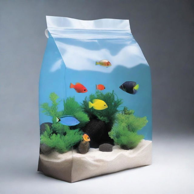 This is a high-definition illustration of a custom-designed plastic bag, specifically made to hold 5lbs of silica sand for retail in saltwater aquariums