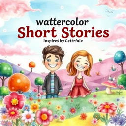 A vibrant and whimsical watercolor-style book cover for a collection of short stories, featuring two cartoonish characters inspired by the photo provided (a male and a female with joyful expressions)