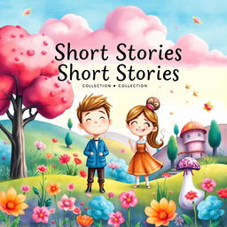 A vibrant and whimsical watercolor-style book cover for a collection of short stories, featuring two cartoonish characters inspired by the photo provided (a male and a female with joyful expressions)