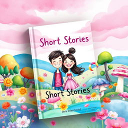 A vibrant and whimsical watercolor-style book cover for a collection of short stories, featuring two cartoonish characters inspired by the photo provided (a male and a female with joyful expressions)