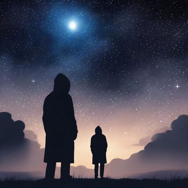 Generate a high-quality digital art image of a mysterious man, hooded and faceless, standing under the vast expanse of a star-studded night sky