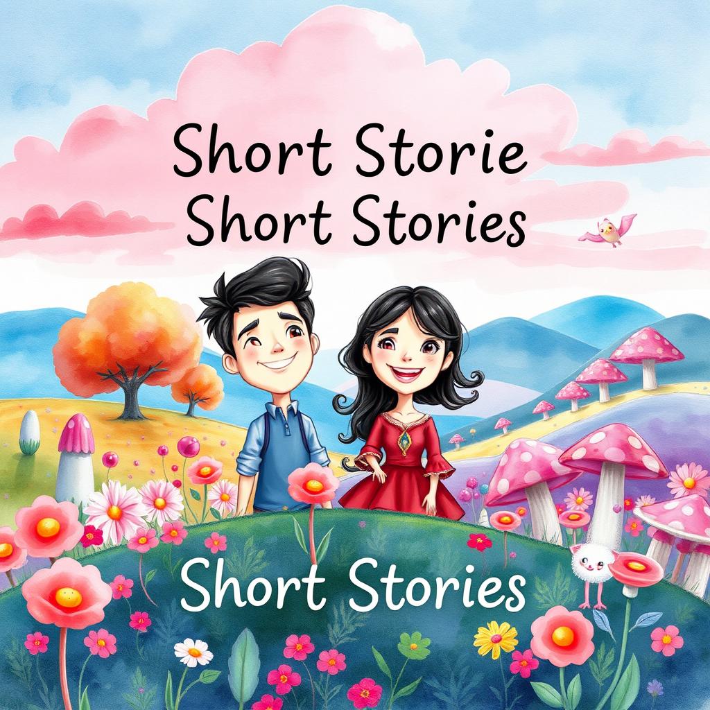 A vibrant and whimsical watercolor-style book cover for a collection of short stories, featuring two cartoonish characters inspired by the photo provided (a male and a female with joyful expressions)