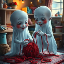 A realistic depiction of two mischievous boy ghost twins, with ethereal features and translucent bodies, in a cozy, softly lit room