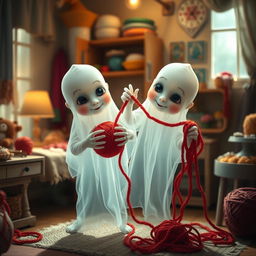 A realistic depiction of two mischievous boy ghost twins, with ethereal features and translucent bodies, in a cozy, softly lit room