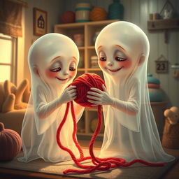 A realistic depiction of two mischievous boy ghost twins, with ethereal features and translucent bodies, in a cozy, softly lit room