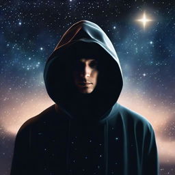 Generate a high-quality digital art image of a mysterious man, hooded and faceless, standing under the vast expanse of a star-studded night sky